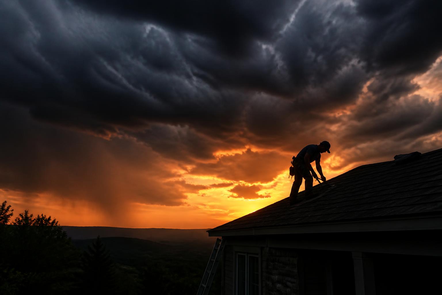 Roofer on a Springfield home at sunset under a storm sky